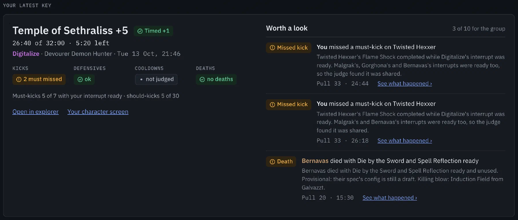 Spindle's home page after a Temple of Sethraliss +5: the key timed with 5:20 left, two must-kicks missed, defensives fine, and you had no deaths; a Worth a look list explains each missed kick and a groupmate's death with defensives still ready.